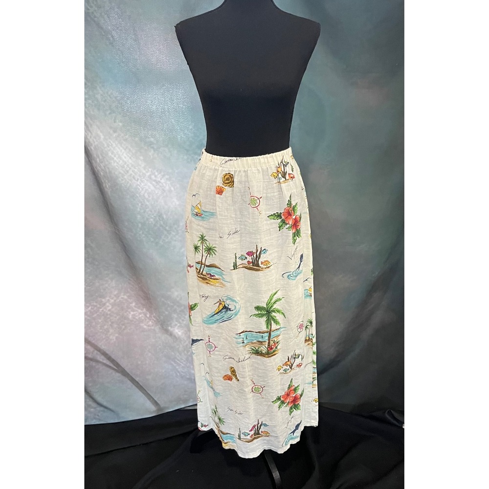 Hot Cotton by Marc Ware Vintage Womens Small Linen Maxi Skirt‎ Tropical Print